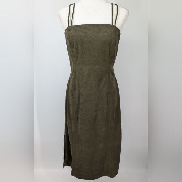 By Anthropologie Moss Green Vegan Faux Suede Sleeveless Midi Dress US 10 - Picture 6 of 12